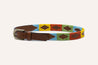 Dark brown leather kid's belt with bright yellow, sky blue, green, and orange stitching. Zilker Belt logo embossing.