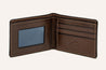 Description: The Travis Heights Wallet from Zilker Belts is a brown leather bifold featuring an ID window on the left side, three card slots on the right, and a Zumer logo embossed near the bottom right corner. This handcrafted leather wallet also incorporates a touch of Argentine woven fabric for a unique design.